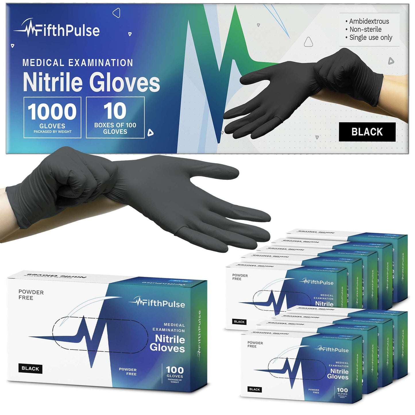 Medical Exam Black Nitrile Gloves Medium 1000 Count - 3 Mil Powder and Latex Free Disposable Gloves - Case of 10 Boxes of 100 Medical Gloves