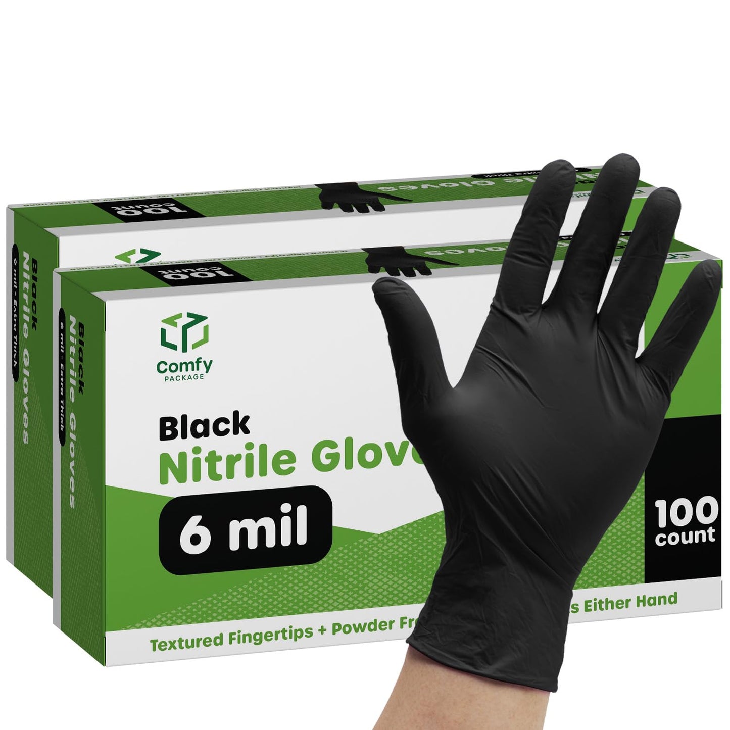 Comfy Package [200 Count Black Nitrile Gloves Disposable Latex Free, 6 Mil Extra Strength, Powder Free, Chemical Resistant, Textured Fingertips - Large