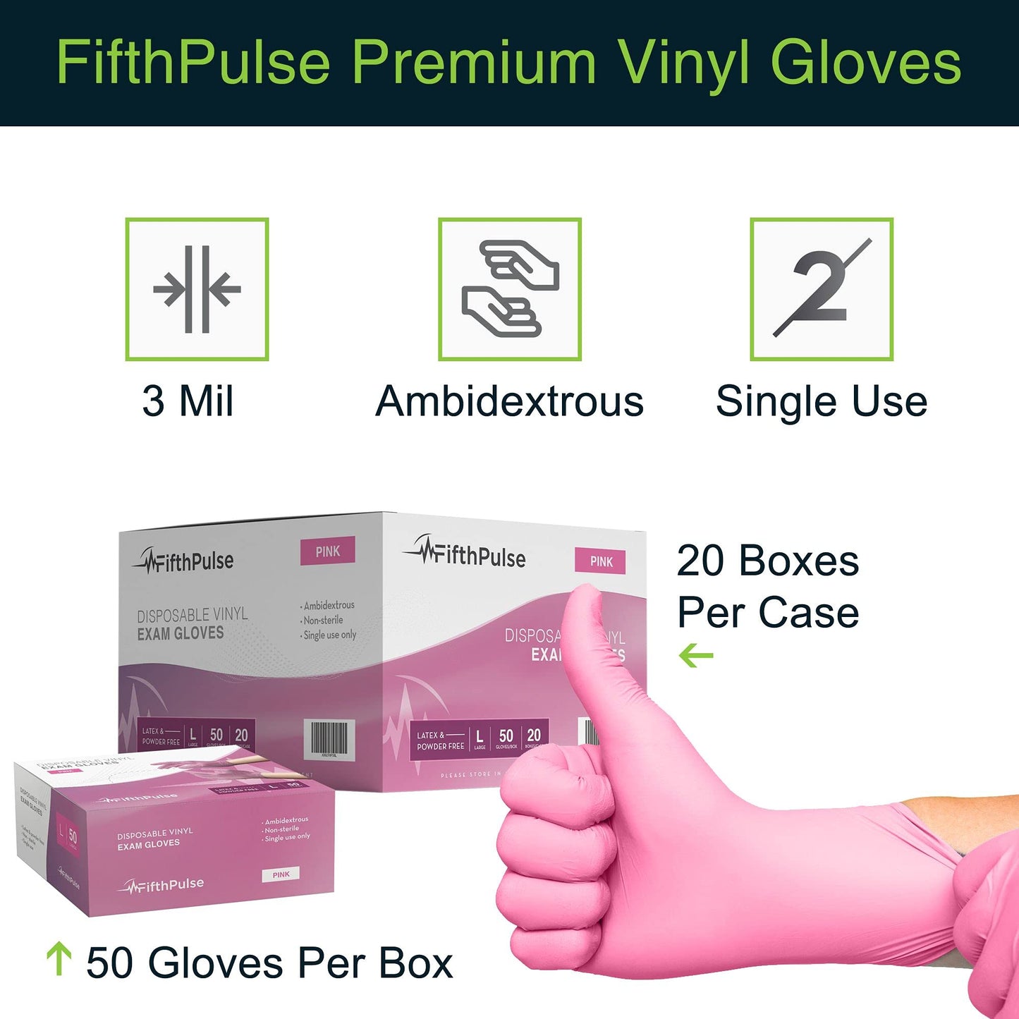 FifthPulse Pink Vinyl Disposable Gloves Large 50 Pack - Latex Free, Powder Free Medical Exam Gloves - Surgical, Home, Cleaning, and Food Gloves - 3 Mil Thickness