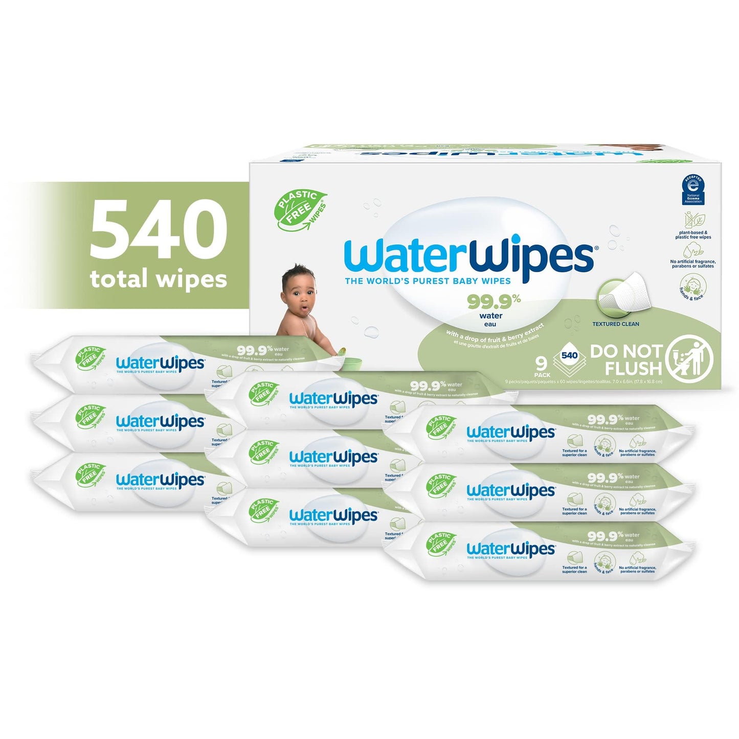 WaterWipes Plastic-Free Textured Clean, Toddler & Baby Wipes, 99.9% Water Based Wipes, Unscented & Hypoallergenic for Sensitive Skin, 540 Count (9 packs), Packaging May Vary