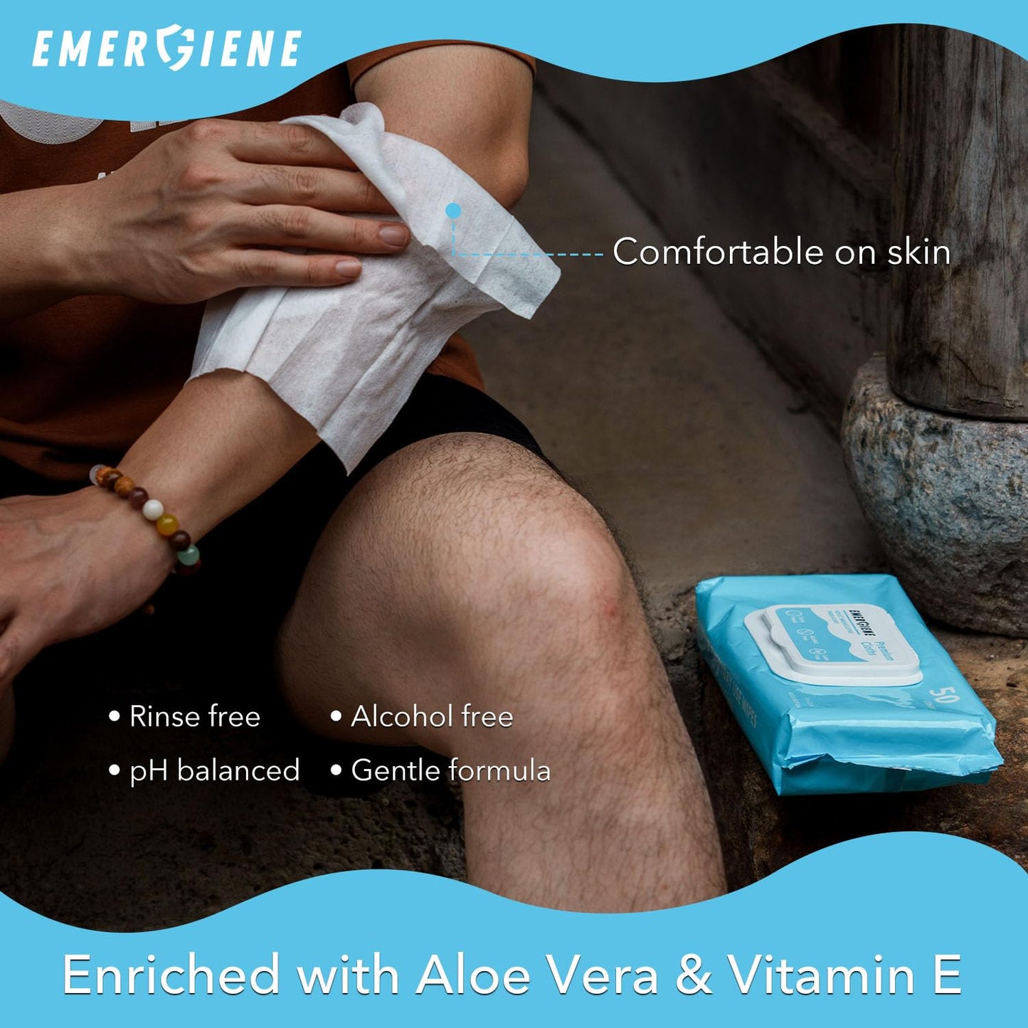 Emergiene Disposable Adult Washcloths Wet Wipes - 300 Count, 6 Packs, Rinse Free, Enriched with Aloe & Vitamin E, Perfect for Home, Clinic & Hospital, Gym, Camping, Outdoor, Incontinence Cleansing