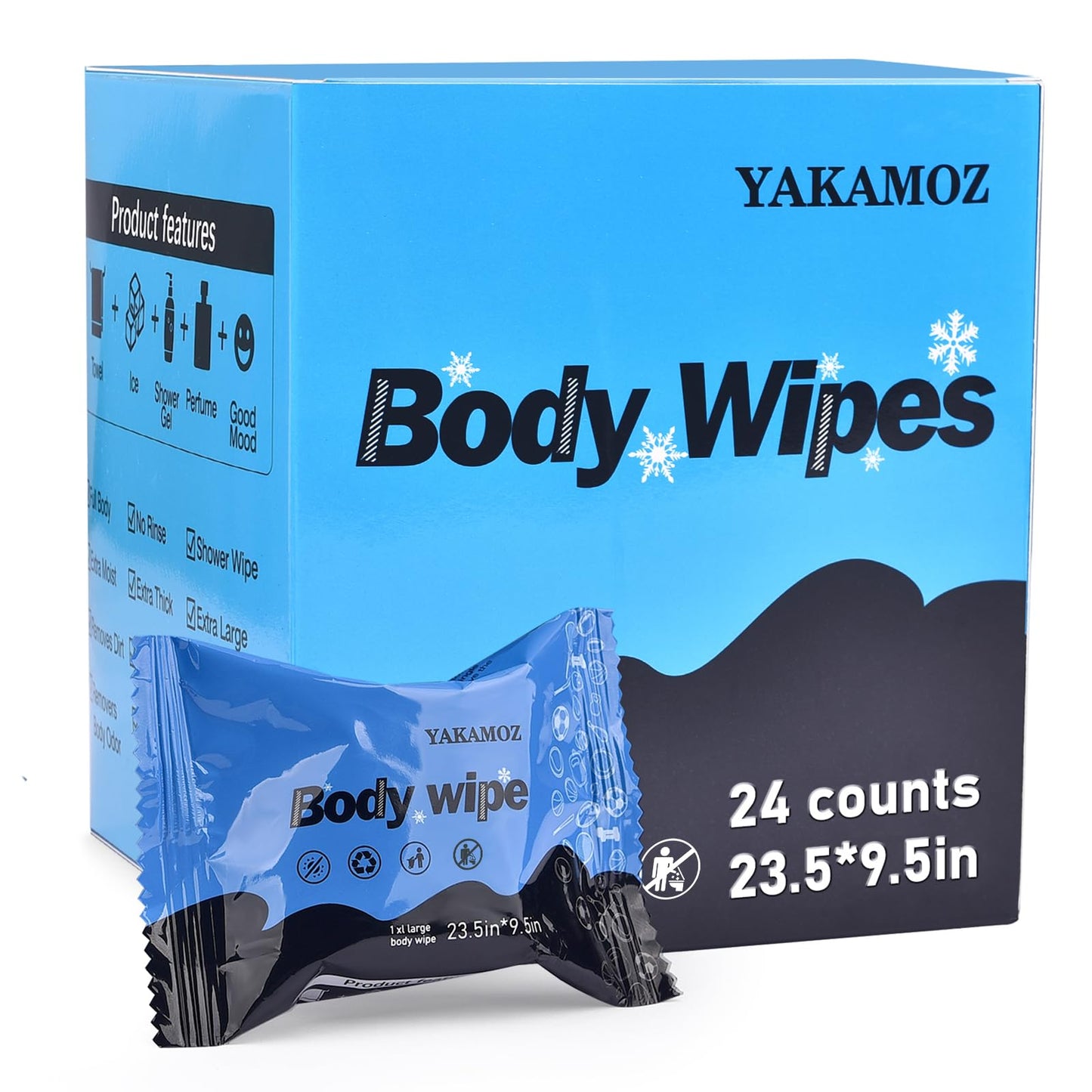 YAKAMOZ Large Body Wipes for Adults Bathing Waterless, Biodegradable with Aloe and Mint Essence, Refreshing Anytime Anywhere, Post Workout, Camping, Travel, Daily Life, 24-Counts X-Large(23.5”x9.5”)