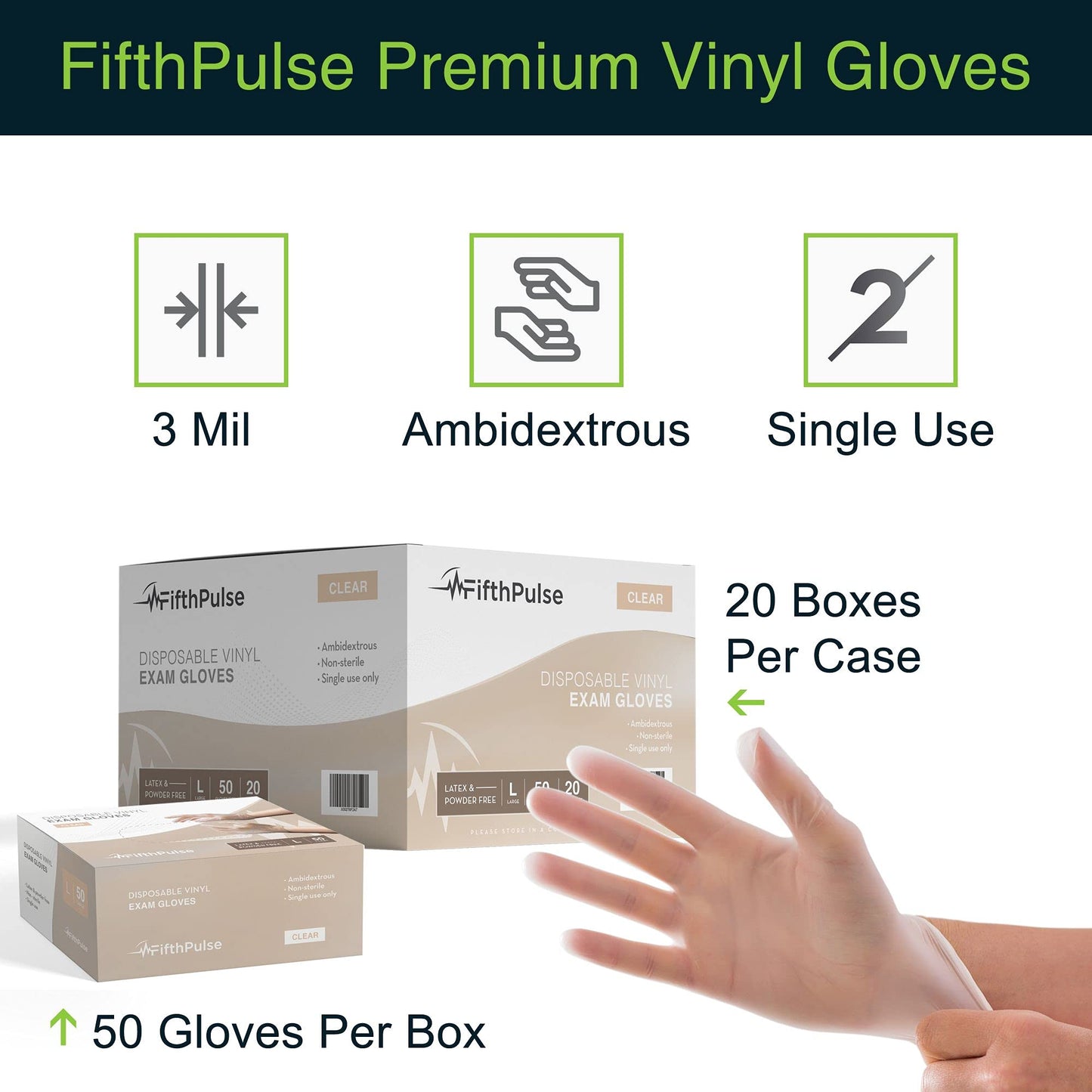 FifthPulse Clear Vinyl Disposable Gloves Medium 50 Pack - Latex Free, Powder Free Medical Exam Gloves - Surgical, Home, Cleaning, and Food Gloves - 3 Mil Thickness