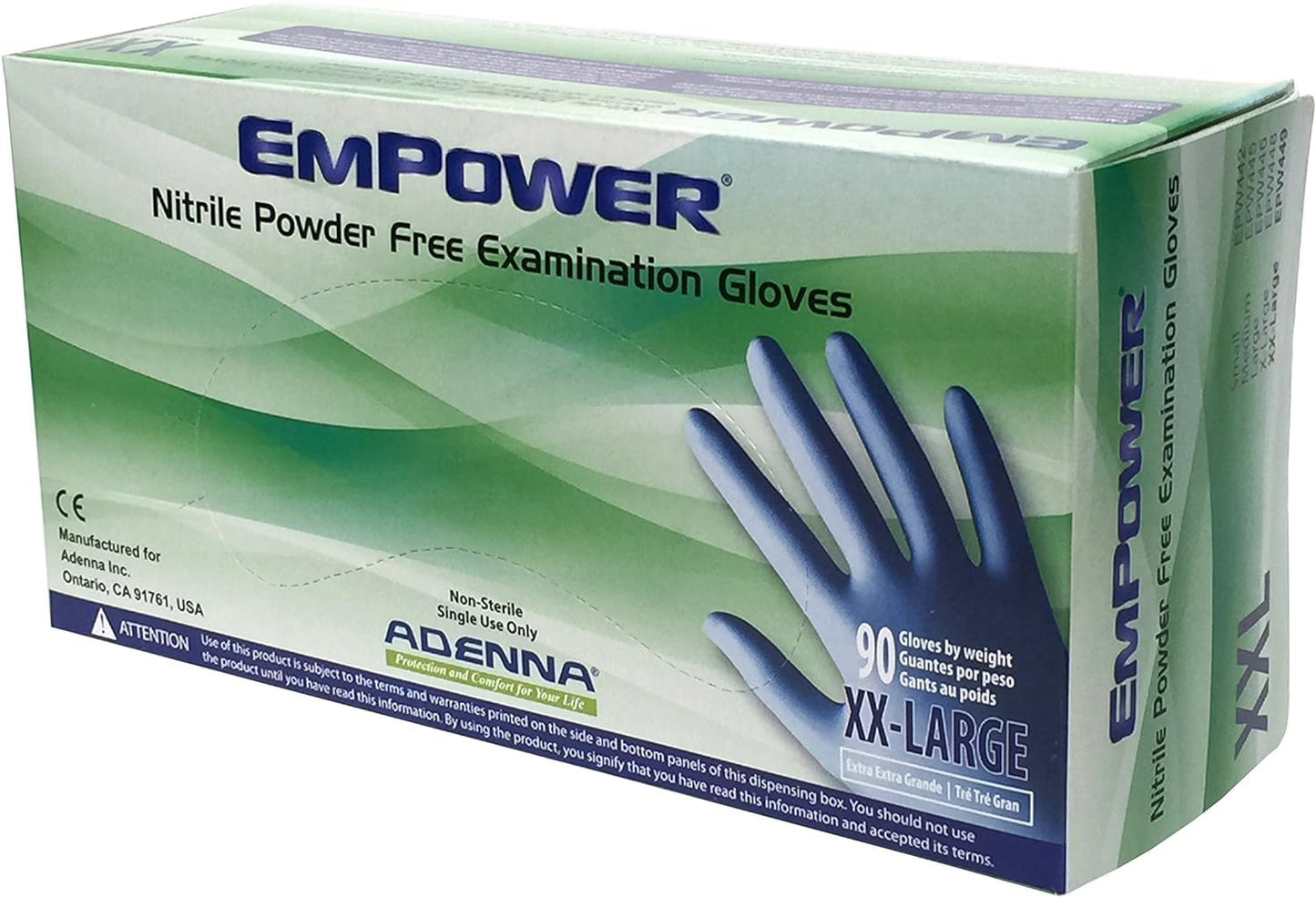 Adenna EPW449 Empower 8 mil Nitrile Powder Free Exam Gloves (Blue, XX-Large) Box of 90