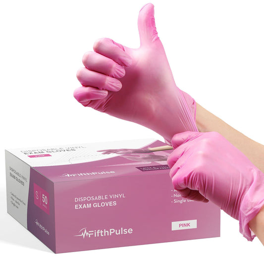 FifthPulse Pink Vinyl Disposable Gloves Small 50 Pack - Latex Free, Powder Free Medical Exam Gloves - Surgical, Home, Cleaning, and Food Gloves - 3 Mil Thickness