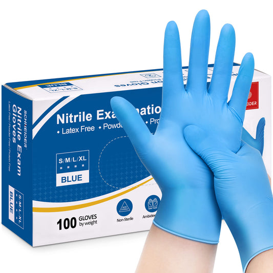 Schneider Nitrile Exam Gloves, 4mil, Blue, Large 100-ct Box, Disposable Latex / Powder-Free, Food Safe Rubber Medical / Cleaning Gloves for Cooking & Food Prep, Non-Sterile