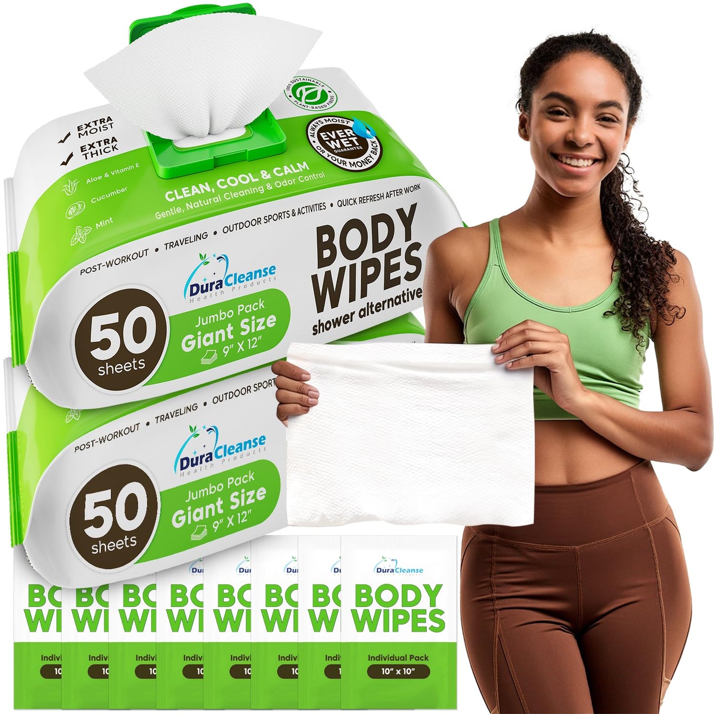 Body Wipes for Women, Extra Moist No Rinse Cleanning Bathing Wipes (2pk), 100 XL Shower Wipes + 8 Deodorizing Bath Wipes - 9"x12" Travel Size Essentials, Toiletries for Women Hygiene, After Gym Wipes