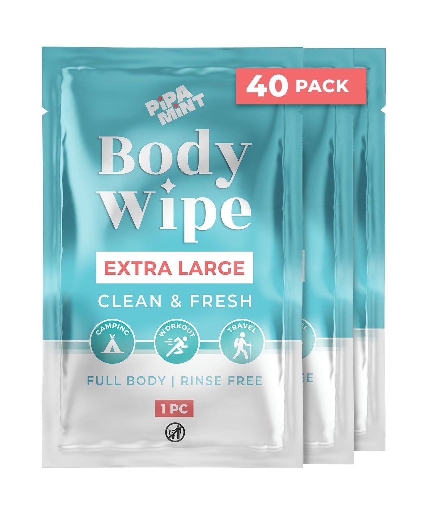 Shower Wipes, PiPA MiNT 40 Individually Wrapped Body Wipes for Women and Men, Mini Travel Essentials, After Gym Bathing Wipes, Camping Shower, Outdoors Sports, Shower Wipes for Adults No Rinse 12"x8"