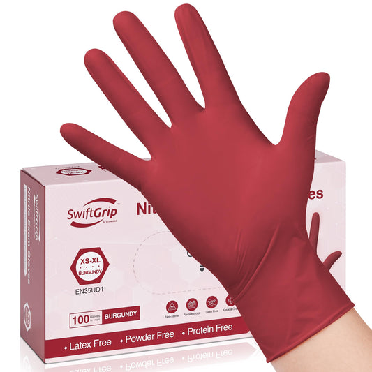 SwiftGrip Disposable Nitrile Exam Gloves, XL, Box of 100, Burgundy, Latex-Free, Powder-Free, 3mil, Medical Grade, Food Safe, Non Sterile