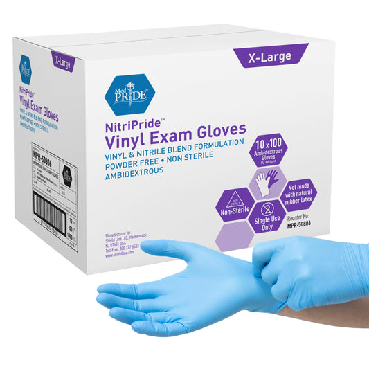 MED PRIDE NitriPride Nitrile-Vinyl Blend Exam Gloves, X-Large 1000 - Powder Free, Latex Free & Rubber Free - Single Use Non-Sterile Protective Gloves for Medical Use, Cooking, Cleaning & More