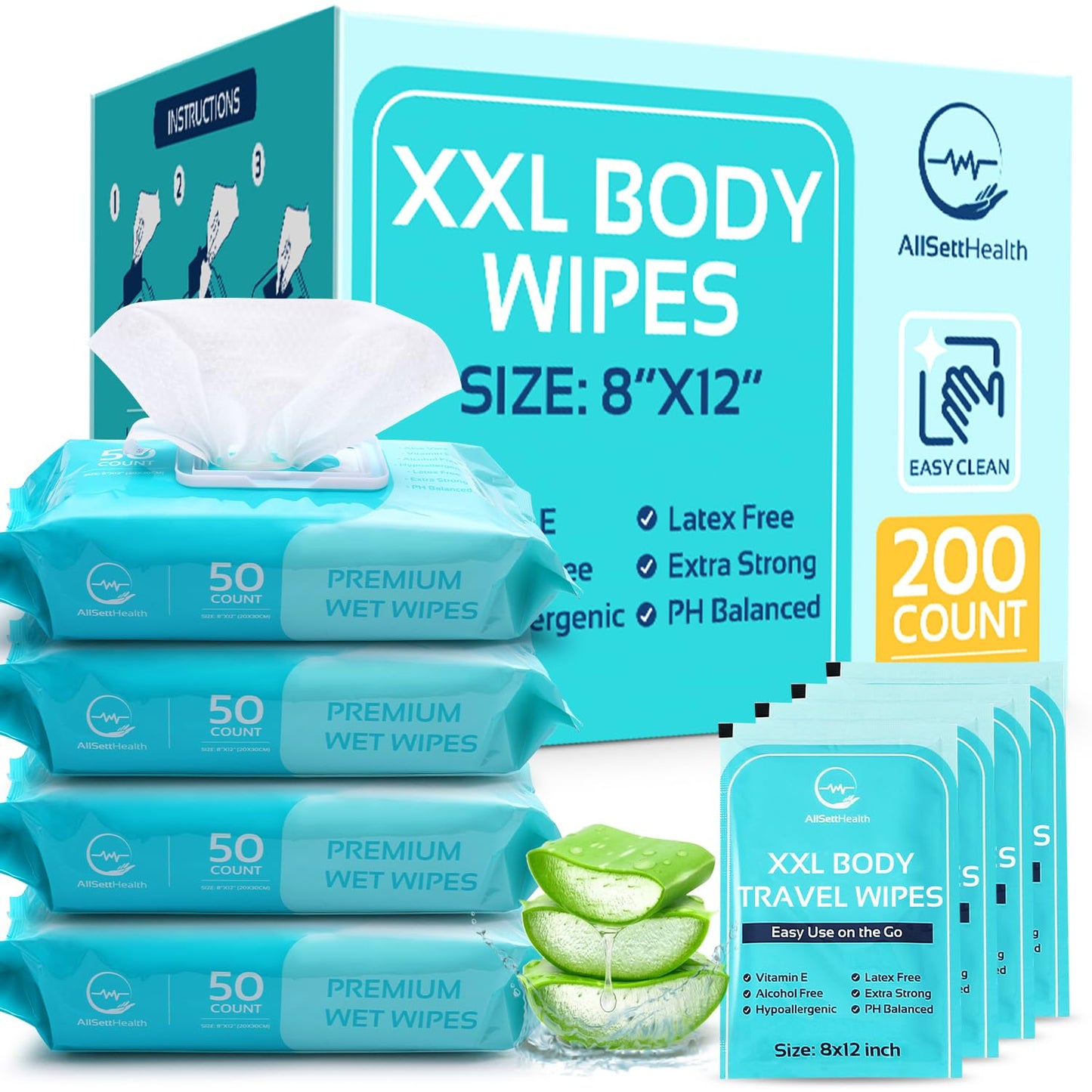 XL Body Wipes for Adults - 8" x 12" (200 count) | Adult Wipes for Eldery, Shower Wipes for Adults Bathing No Rinse, Aloe Vera, Vitamin E