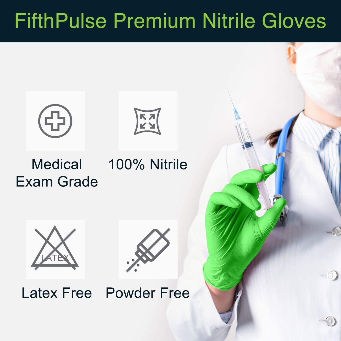 FifthPulse Green Nitrile Disposable Gloves - 50 Count - 3 Mil Nitrile Gloves Large - Powder and Latex Free Rubber Gloves - Surgical Medical Exam Gloves - Food Safe Cooking Gloves