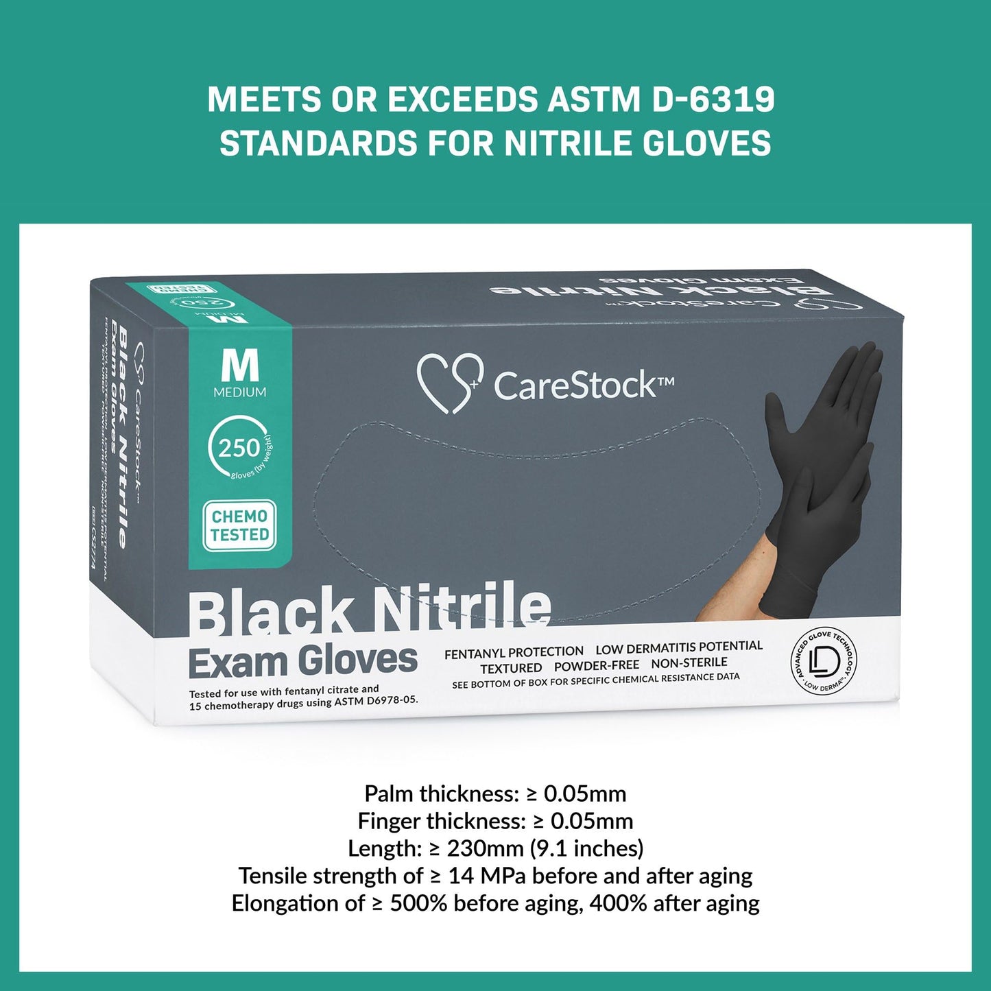 CareStock Black Nitrile Exam Gloves - Ultra-Strong with Slip-Resistant Textured Grip, Disposable Powder-Free Medical Gloves for Cooking & Healthcare - Medium, 250 Count, 1 Box