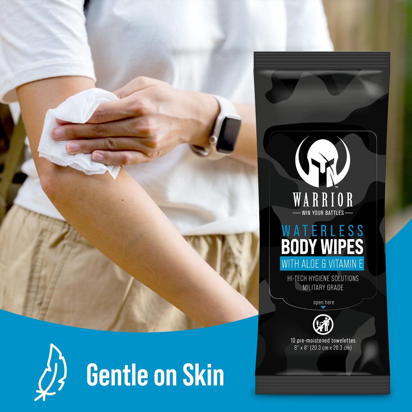 Warrior Waterless Body Wipes - Rinse-Free & Hypoallergenic Cleaning Wipes Enriched with Aloe, Calendula & Vitamin E - Alcohol-Free Unscented Large Size Wipes For Sensitive Skin & Bedridden Patients