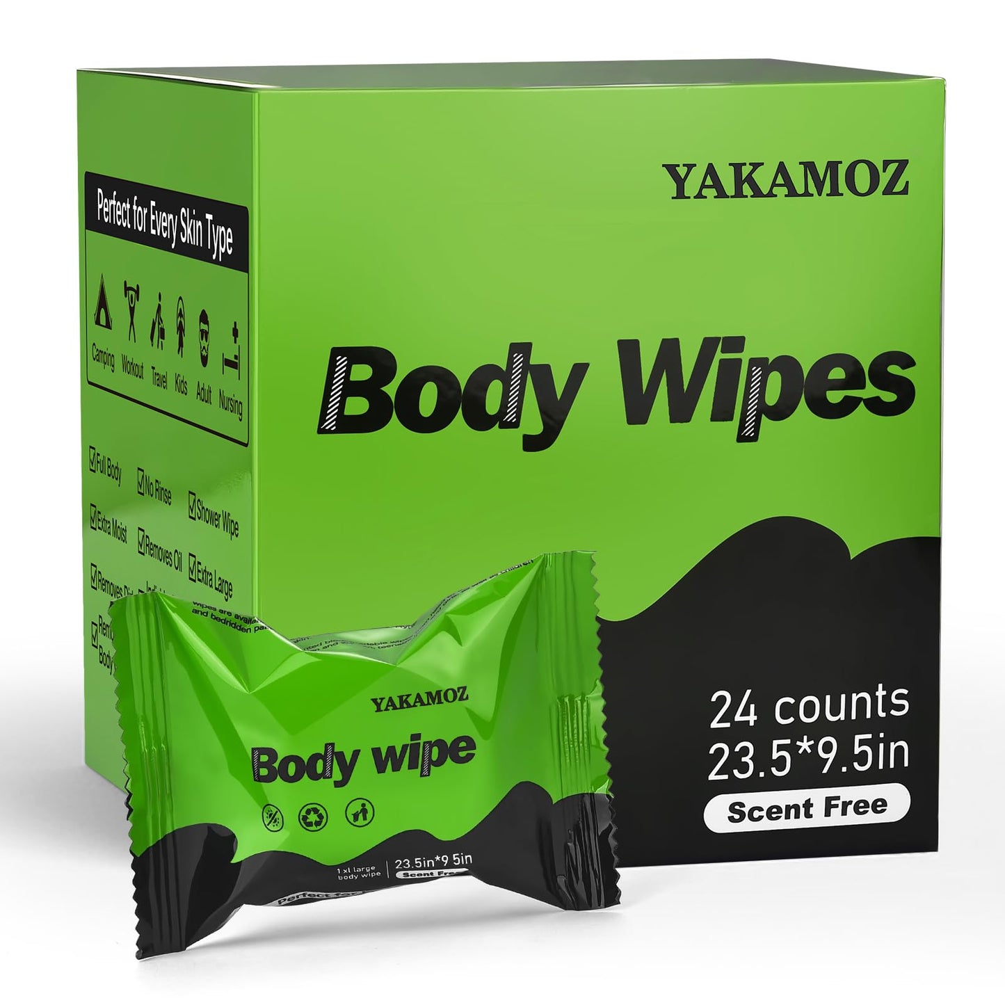 YAKAMOZ Large Body Wipes for Adults Bathing, Individually Wrapped Personal Hygiene Body Wipes for Women, Men and Elderly Disposable Washcloths for Bathing, Camping(Scent Free 24 Counts)