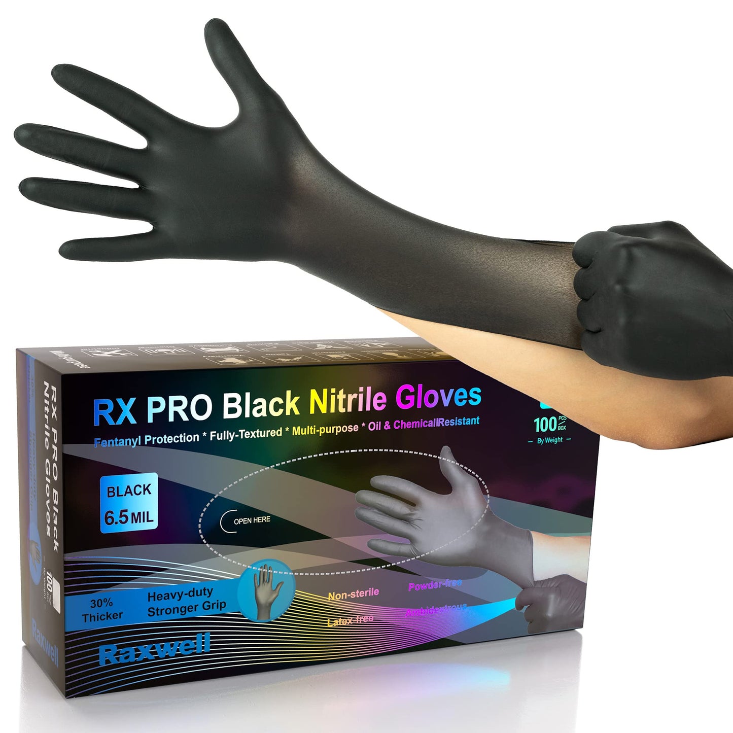 Heavy Duty Disposable Gloves Latex Free | 6.5 Mil Black Nitrile Gloves X-Large | 100 Count Powder Free Chemical Resistant Gloves | Food Grade, Food Safe, | Janitorial, Kitchen, & Mechanic Gloves