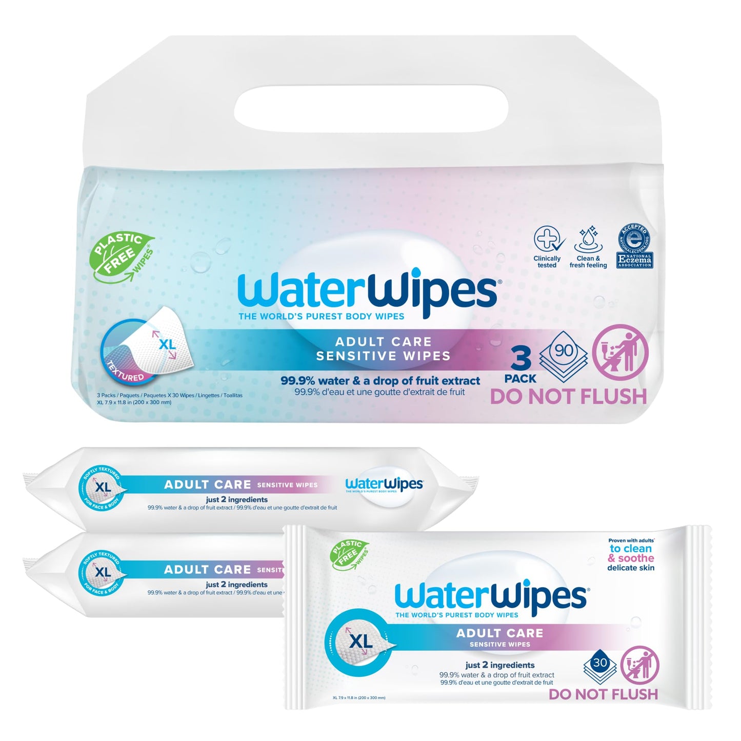 WaterWipes Adult Care Wipes, Extra-large 99.9% Water Based Wipes, Unscented & Hypoallergenic for Sensitive Skin, 90 Count (3 Packs)