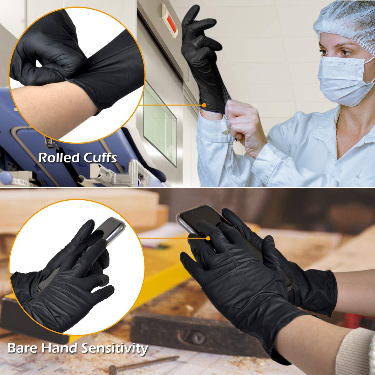 Borje Black Nitrile Disposable Gloves, 4 Mil Medical Exam Gloves, Latex & Powder-Free, Food Safe, Textured Fingertips, Cleaning, Large, 100 Count