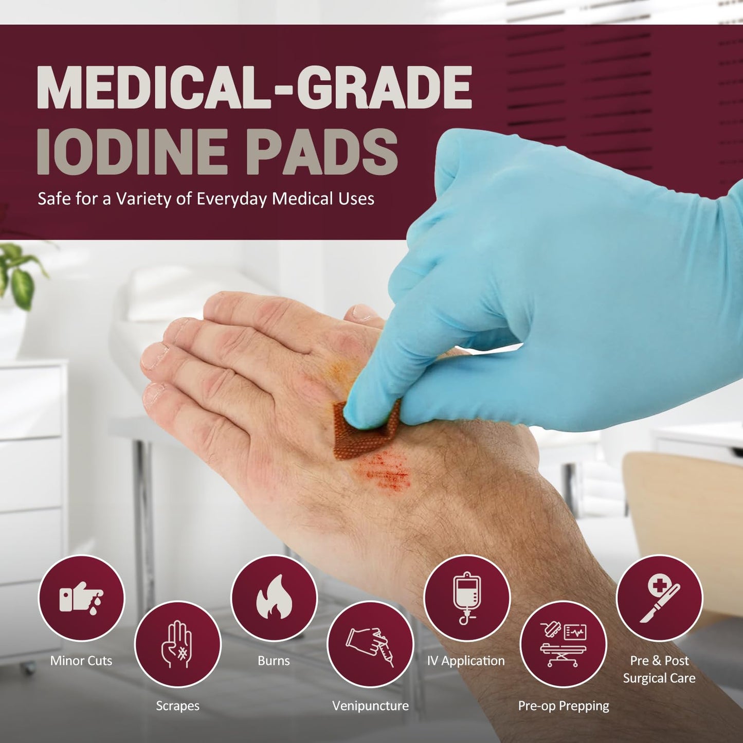 MED PRIDE Povidone Iodine Prep Pads For Wounds [Box of 100] - Individually Wrapped Iodine Wipes, 2-Ply, Medium- Wound Care First-Aid Antiseptic- Alcohol-free Medical-Grade 10% Povidone Iodine Packets