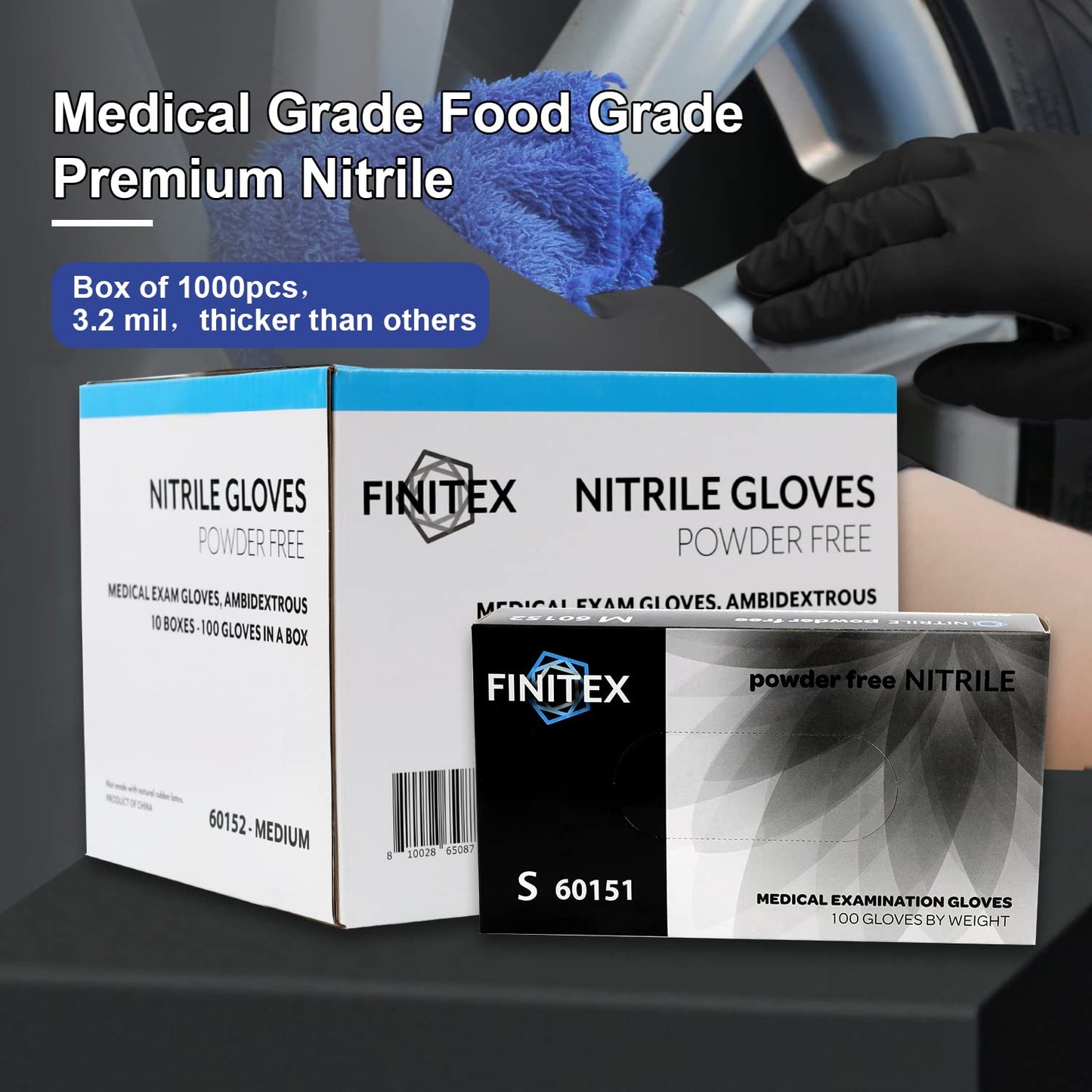 FINITEX - Black Nitrile Disposable Gloves, Exam Gloves, Powder-free, Latex-free, 3mil, 1000PCS (Medium)