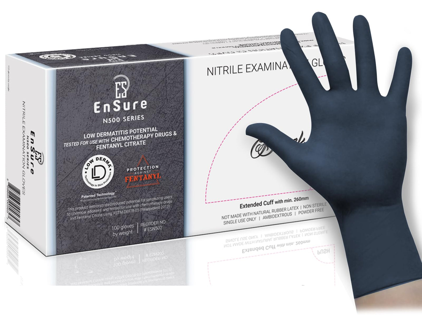 SAF-CARE EnSure Low Derma Gray Black Powder Free Nitrile Exam Gloves, Extended Cuff (100, Large)inch