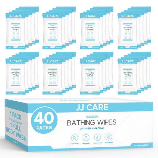 JJ CARE Shower Wipes For Adults No Rinse - Bulk Pack of 40 Body Wipes for Adults Bathing | 320 Count Waterless Bathing Wipes For Adults Rinse Free