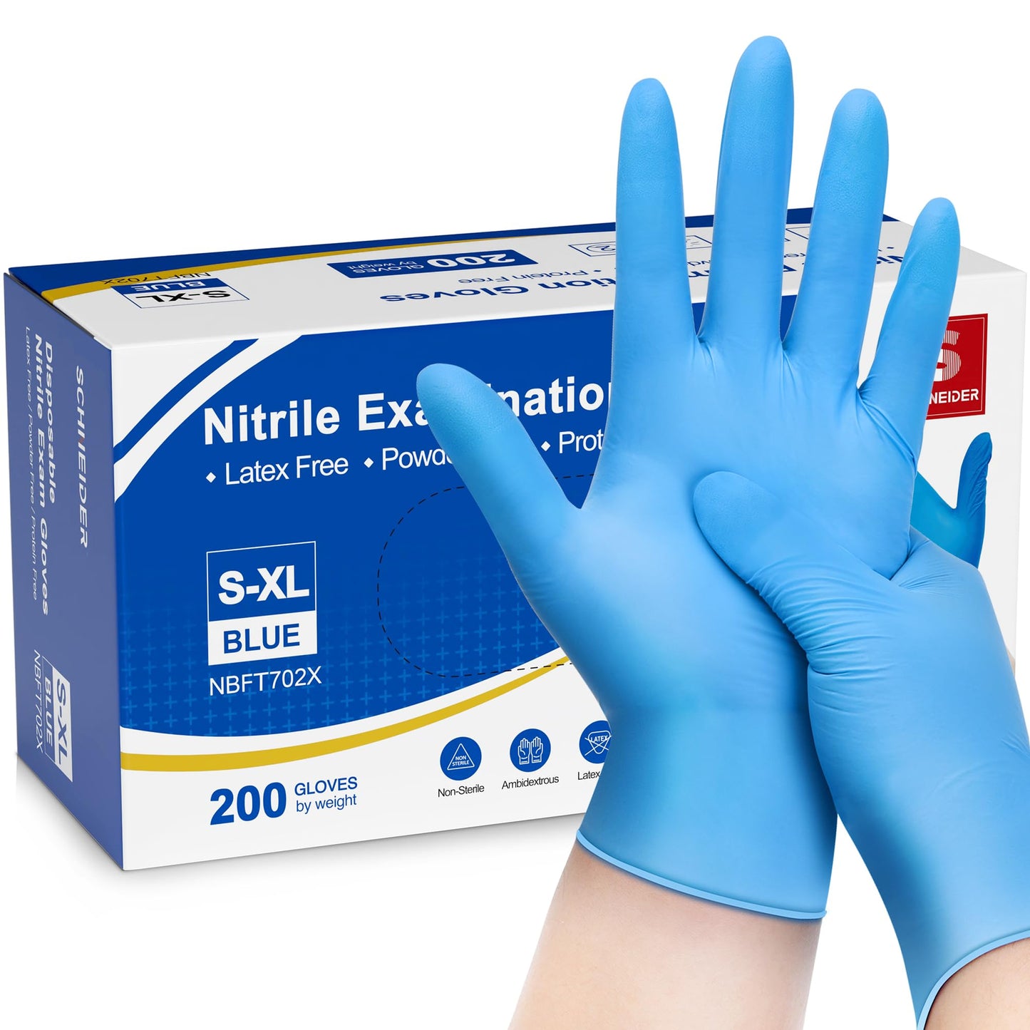 Schneider Nitrile Exam Gloves, Medium, 200-ct Box, 4 mil, Blue Gloves Disposable Latex Free, Powder Free Medical Gloves for Cooking, Cleaning, Examination