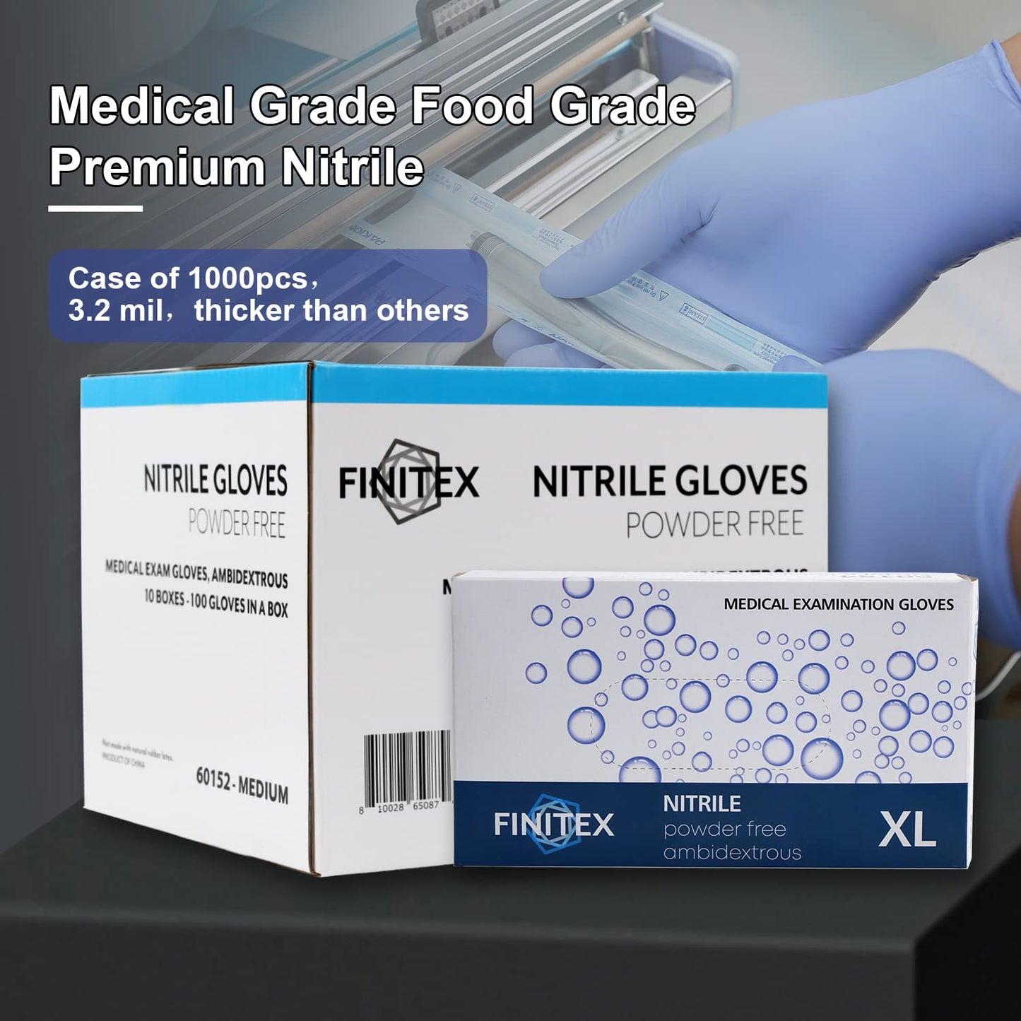 FINITEX Disposable Nitrile Exam Gloves 1000 PCS - 3.2mil Ice Blue Powder-free Latex-Free Gloves Examination Home Cleaning Food Gloves (L)