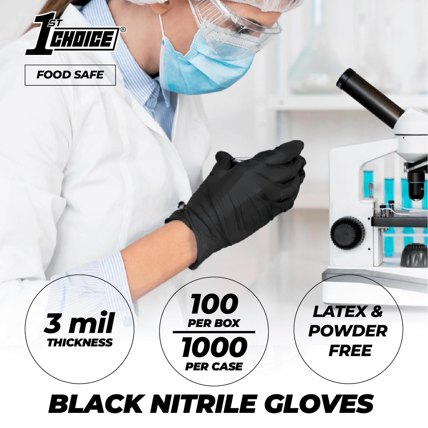 1st Choice Black Nitrile Gloves Box of XL Nitrile Gloves Disposable Latex Free - Exam Grade Black Gloves - 3mil