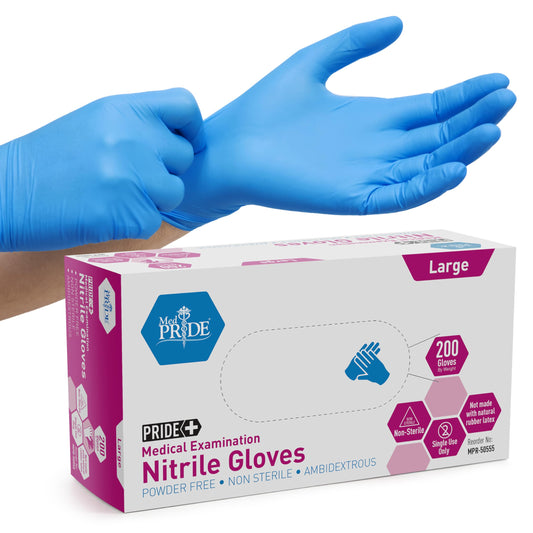 Medpride Medical Examination Nitrile Gloves, Large, Blue, Latex/Powder-Free, Non-Sterile, 200 Count