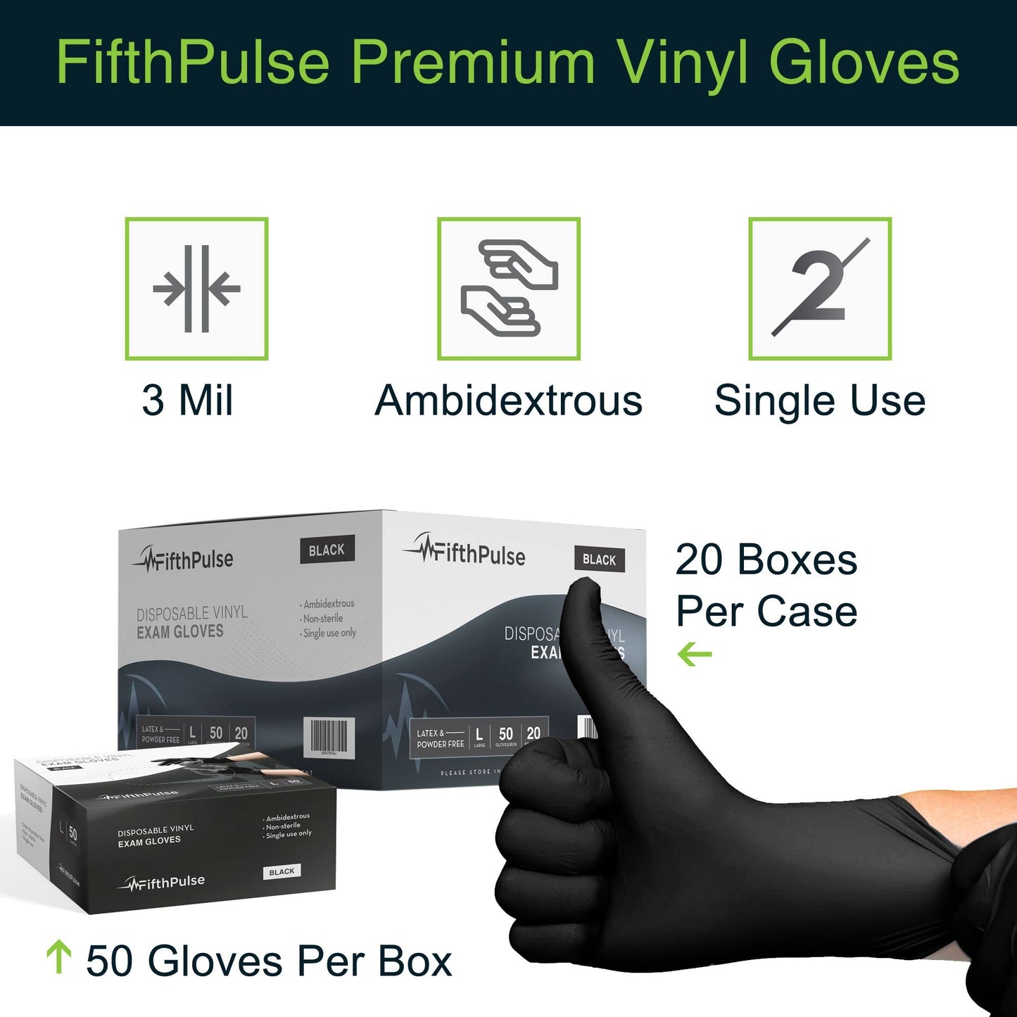 FifthPulse Black Vinyl Disposable Gloves Large 50 Pack - Latex Free, Powder Free Medical Exam Gloves - Surgical, Home, Cleaning, and Food Gloves - 3 Mil Thickness