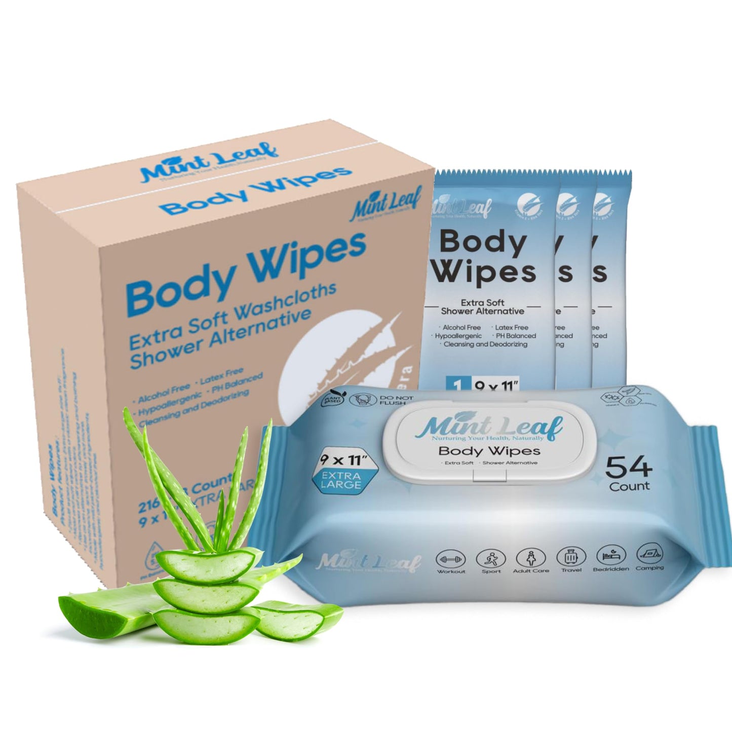 XL Deodorizing Body Wipes with Vitamin E Aloe Scent 9x11 | Thick Cleansing Natural Adult Shower Wipes | Hypoallergenic Washcloths Incontinence Camping Travel Gym | Combo Pack 216 + 18 Individual Wipes