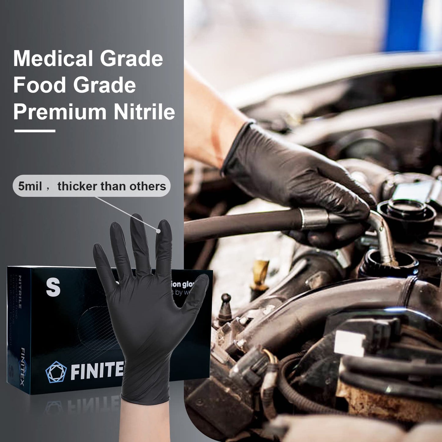 FINITEX - Black Nitrile Disposable Gloves, 5mil, Powder-free, Medical Exam Gloves Latex-Free 100 PCS For Examination Home Cleaning Food Gloves (Small)