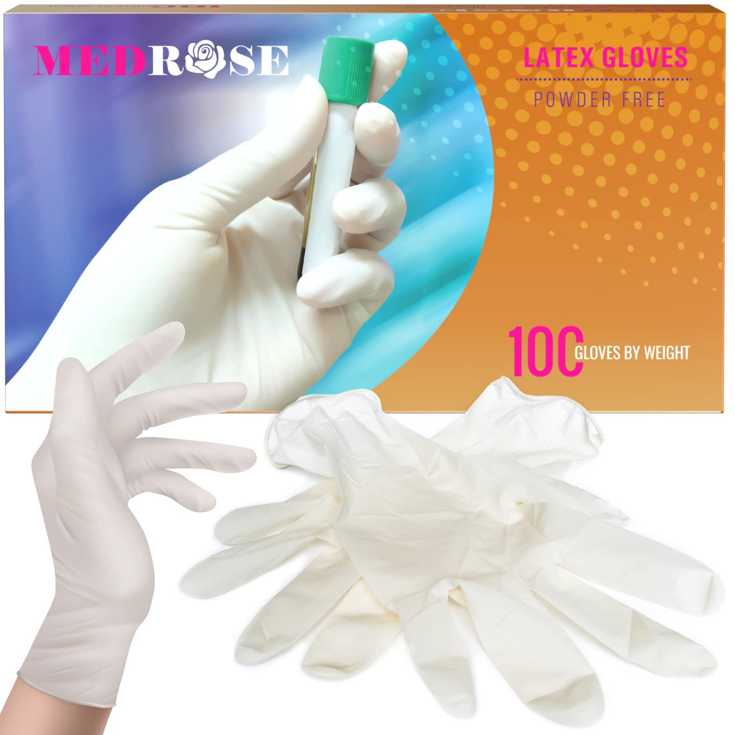 MedRose Medium Latex Gloves - 100 Count Rubber Gloves - Disposable Gloves Powder Free, Waterproof, White