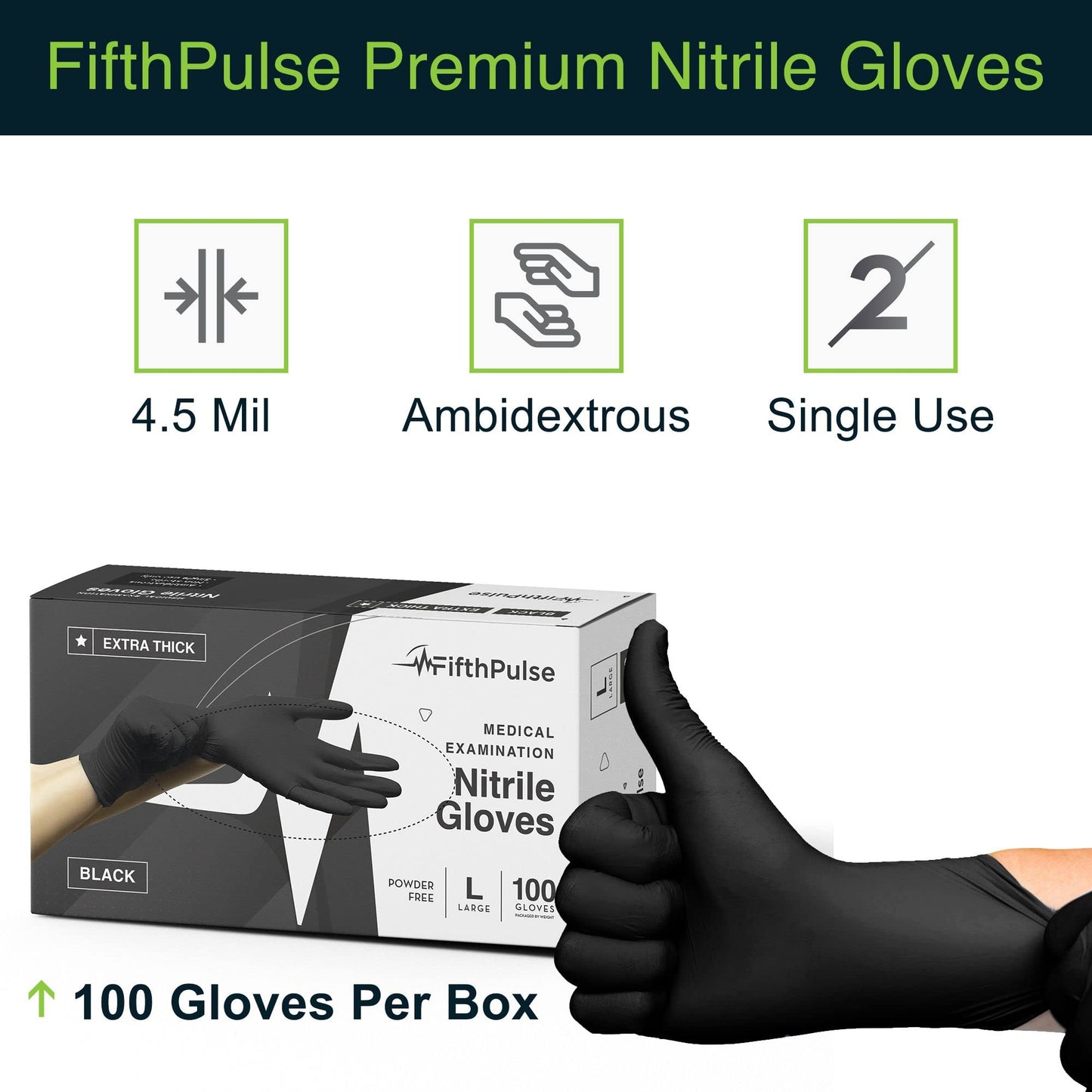 Disposable Black Nitrile Gloves Large 100 Count - Extra Thick 4.5 Mil - Powder and Latex Free Rubber Gloves - Surgical Medical Exam Gloves - Food Safe Cooking Gloves