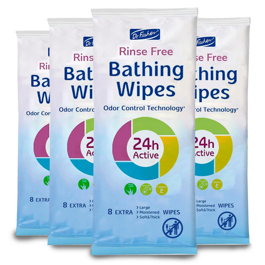 Dr. Fischer Rinse Free Bathing Wipes - XL Personal Cleaning Wipes for Adults with 24H Odor Protection (32 Large Wipes) Shower Wipes for Women and Men.