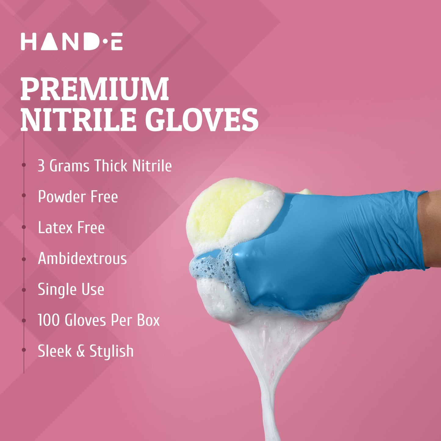 Hand-E Disposable Blue Nitrile Gloves Medium - 100 Count - Kitchen Gloves - Powder Free, Latex Free Medical Exam Gloves with Textured Grip Fingertips - Cleaning, Salon, Painting