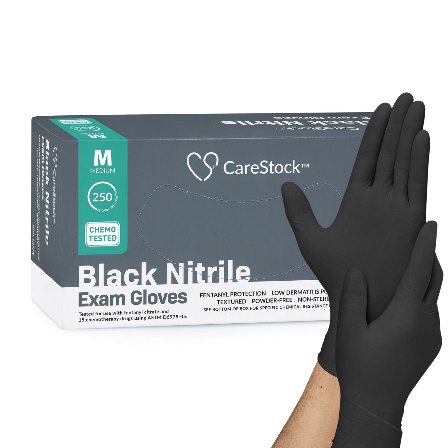 CareStock Black Nitrile Exam Gloves - Ultra-Strong with Slip-Resistant Textured Grip, Disposable Powder-Free Medical Gloves for Cooking & Healthcare - Medium, 250 Count, 1 Box