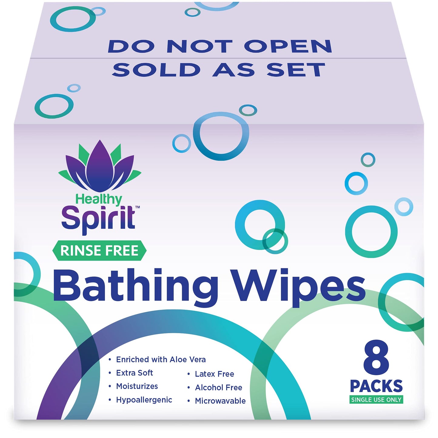 Healthy Spirit Rinse Free Body Bathing Wipes for Adults Microwaveable, White, 64 Count, Pack of 8