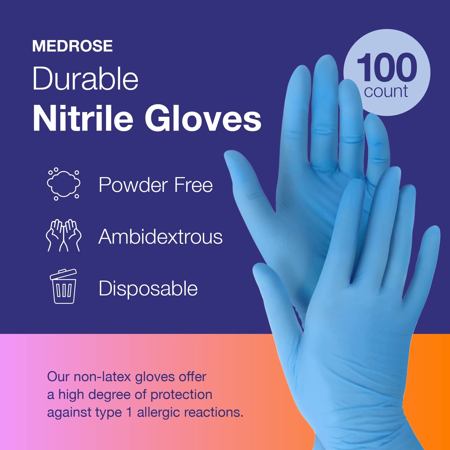 MedRose Small Nitrile Gloves - 100 Count Disposable Gloves Latex Free - Powder Free Non-Latex Gloves, Medical Exam Glove