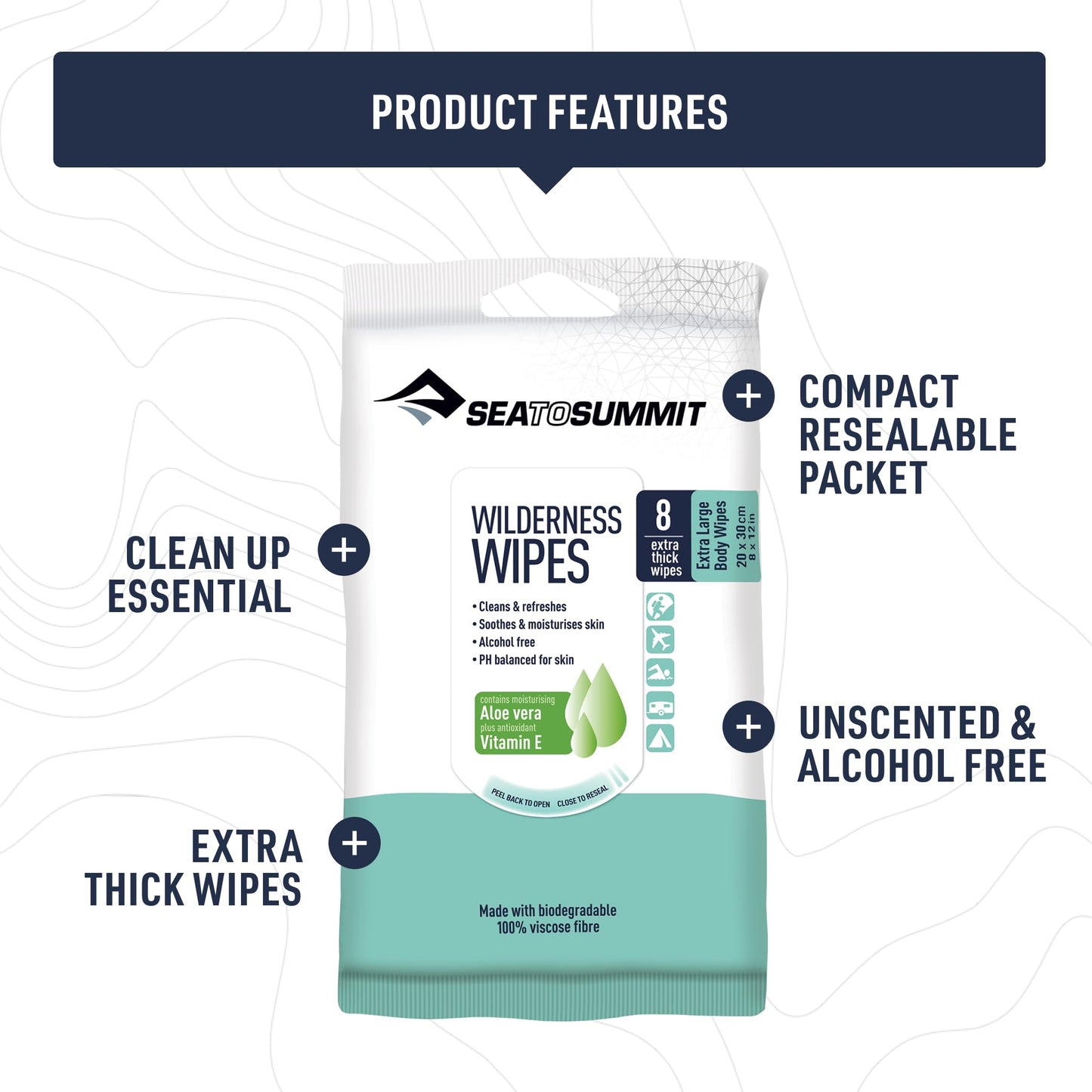 Sea to Summit XL Wilderness Wipes Rinse-Free Body Wipes, 2-Pack (8 Wipes per Pack)