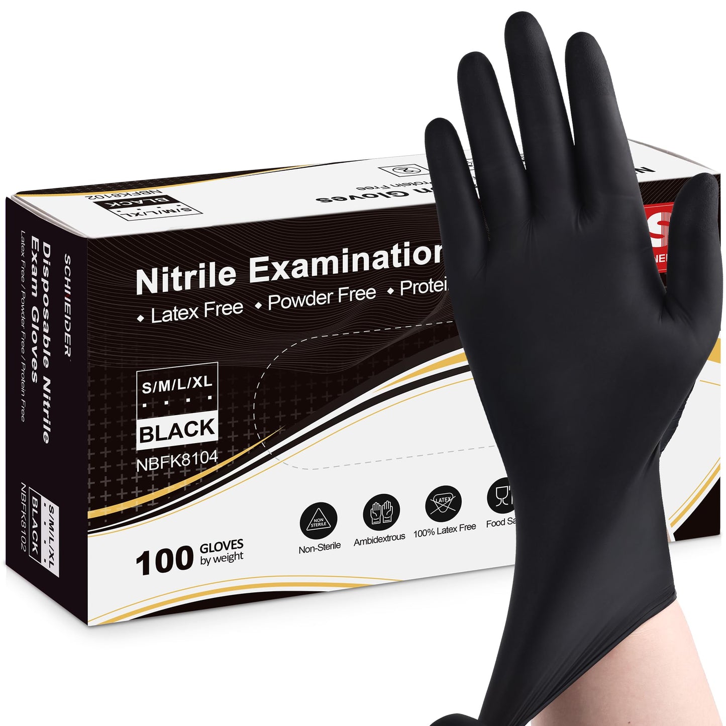 Schneider Nitrile Exam Gloves, Black, Large, Box of 100, 5 mil Disposable Nitrile Gloves, Latex Free, Powder Free, Food Safe, Non-Sterile - for Medical, Cleaning & Cooking Gloves, Rubber Gloves