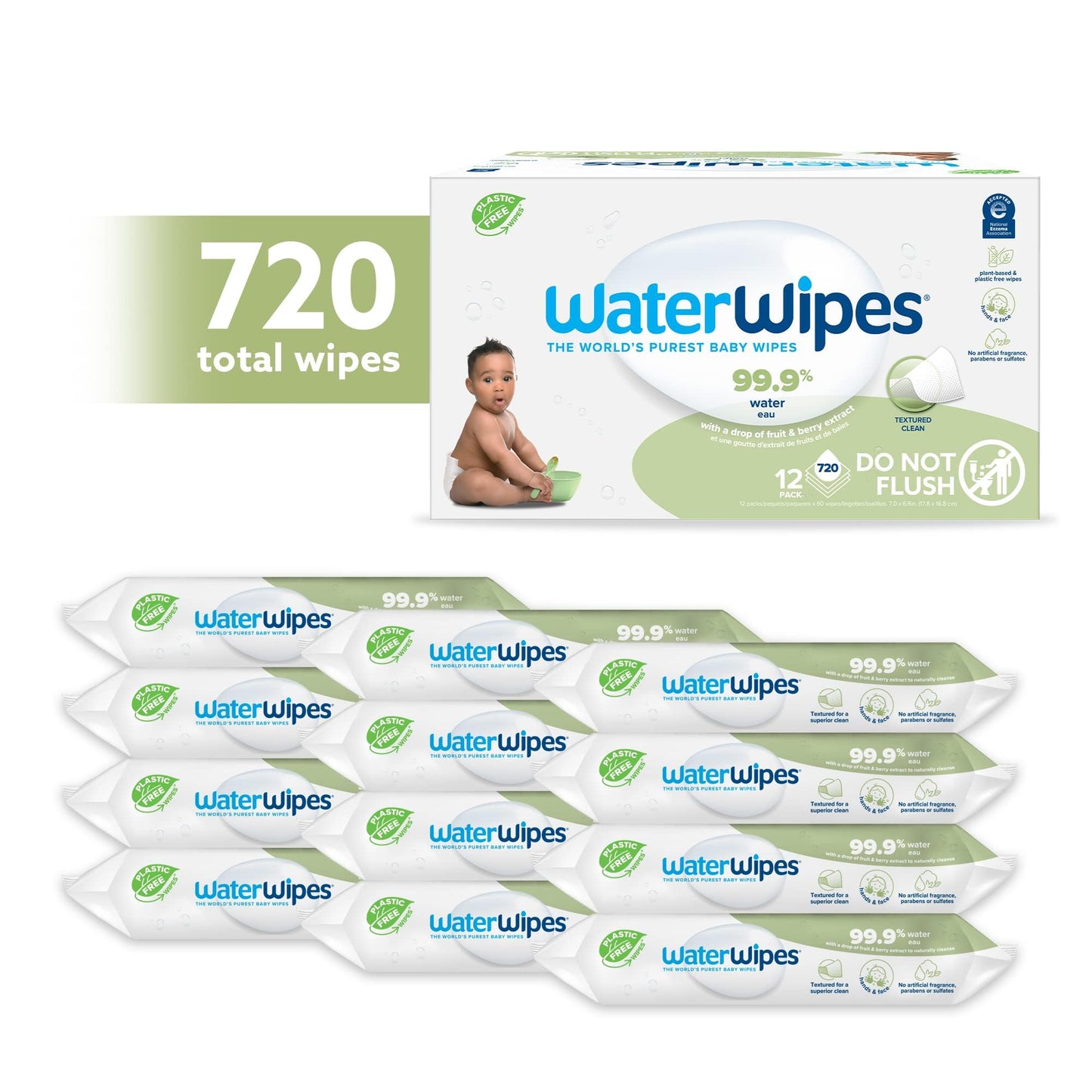 WaterWipes Plastic-Free Textured Clean, Toddler & Baby Wipes, 99.9% Water Based Wipes, Unscented & Hypoallergenic for Sensitive Skin, 60 Count (12 packs), Packaging May Vary