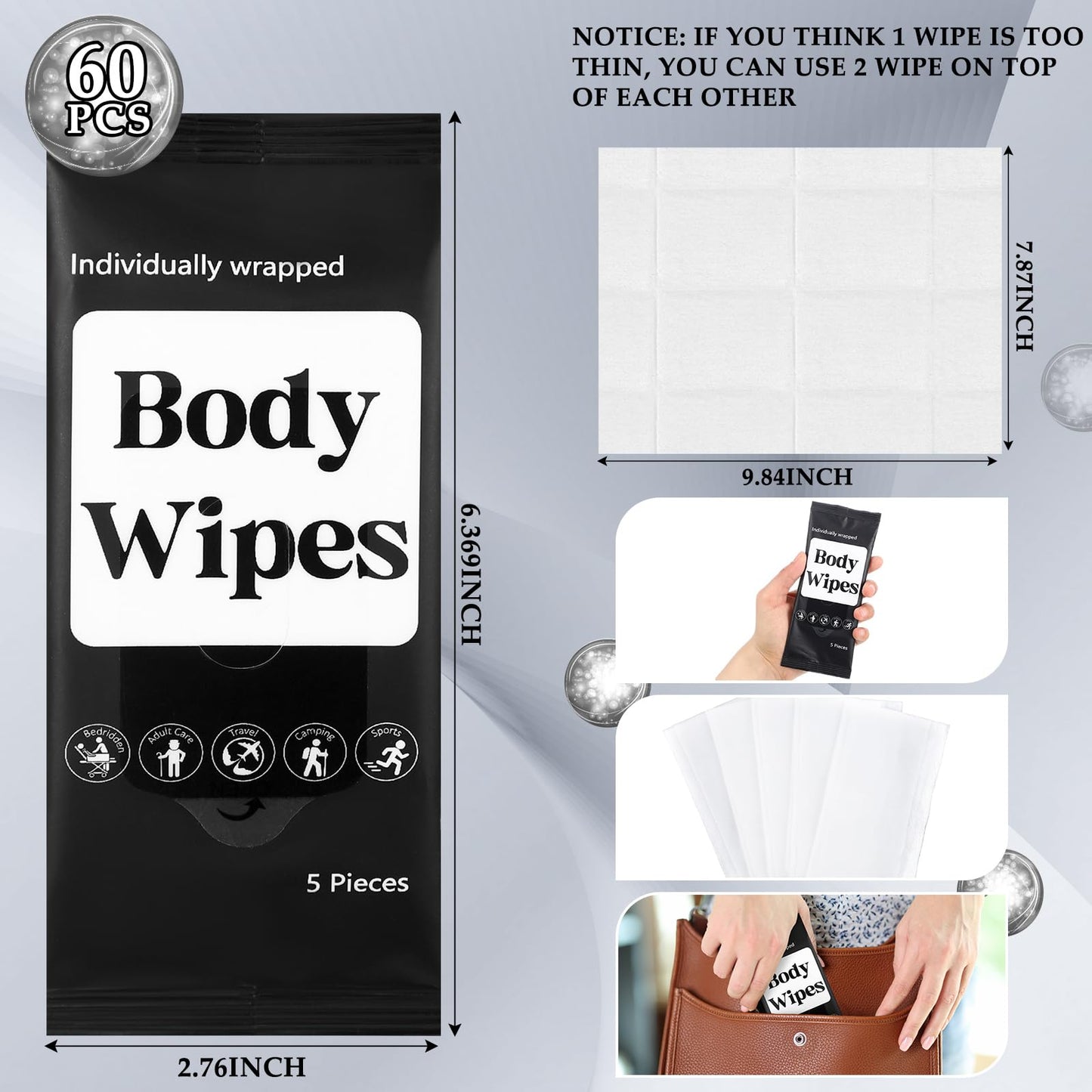 Threlaco 300 Pcs 60 Pack Body Wipes for Adults Bathing No Rinse Individually Wrapped Shower Wipes Washcloth with Aloe Cleansing Body Wash Cloths Disposable Cleansing Wipes(Black Background)