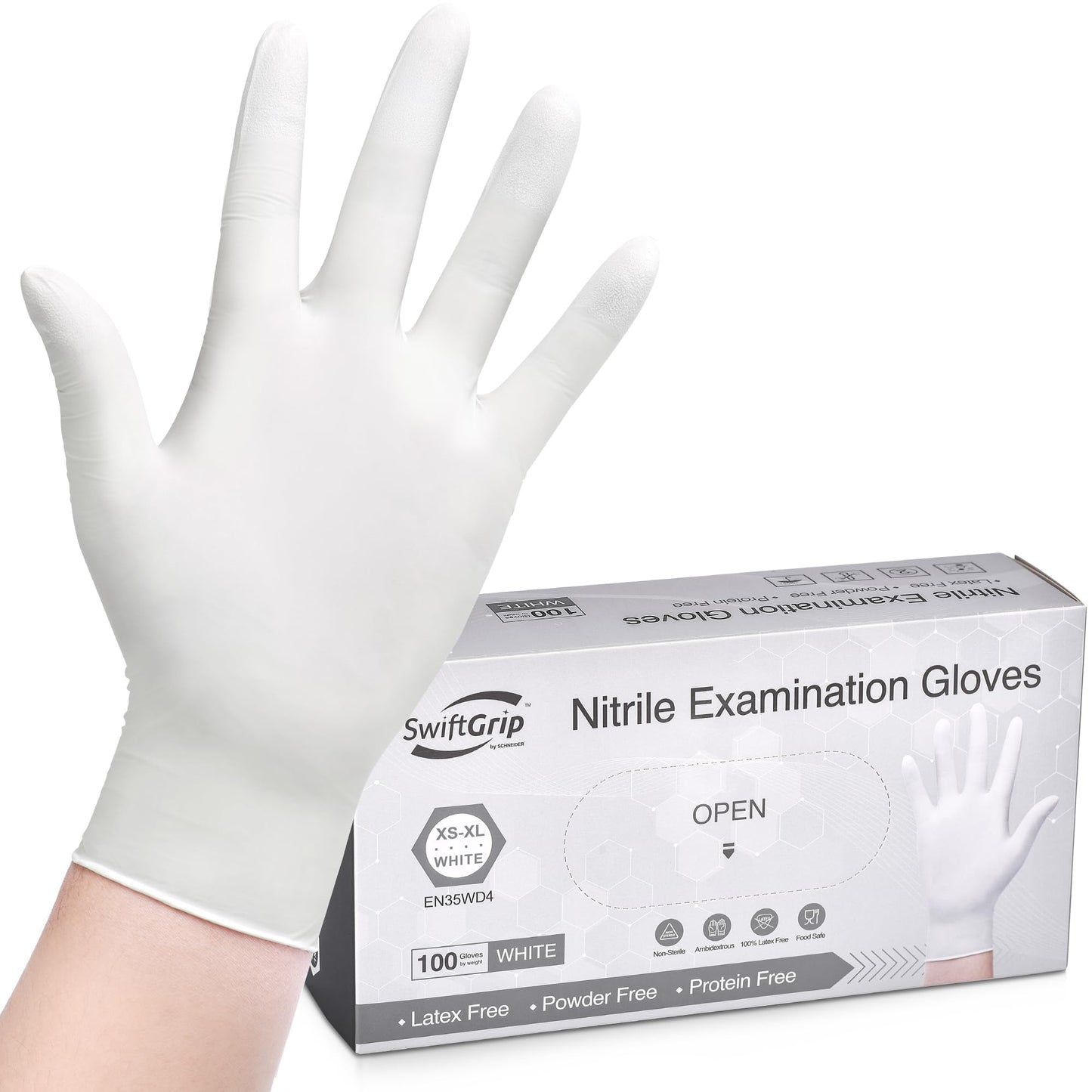 SwiftGrip Disposable Nitrile Exam Gloves, 3-mil, Medium, Box of 100, White Nitrile Gloves Disposable Latex Free for Medical, Cleaning, Cooking & Esthetician, Food-Safe, Powder-Free, Non-Sterile