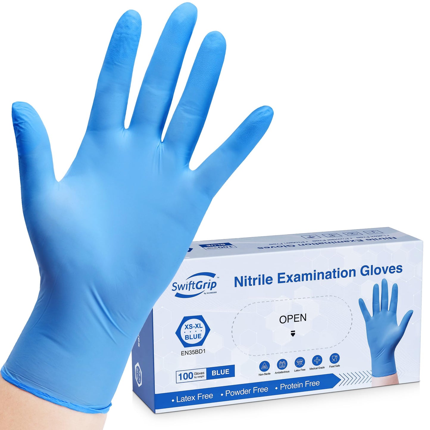 SwiftGrip Disposable Nitrile Exam Gloves, 3-mil, Blue, Nitrile Gloves Disposable Latex Free, Medical Gloves, Cleaning Gloves, Food-Safe Rubber Gloves, Powder Free, Non-Sterile, 100-ct Box (Small)