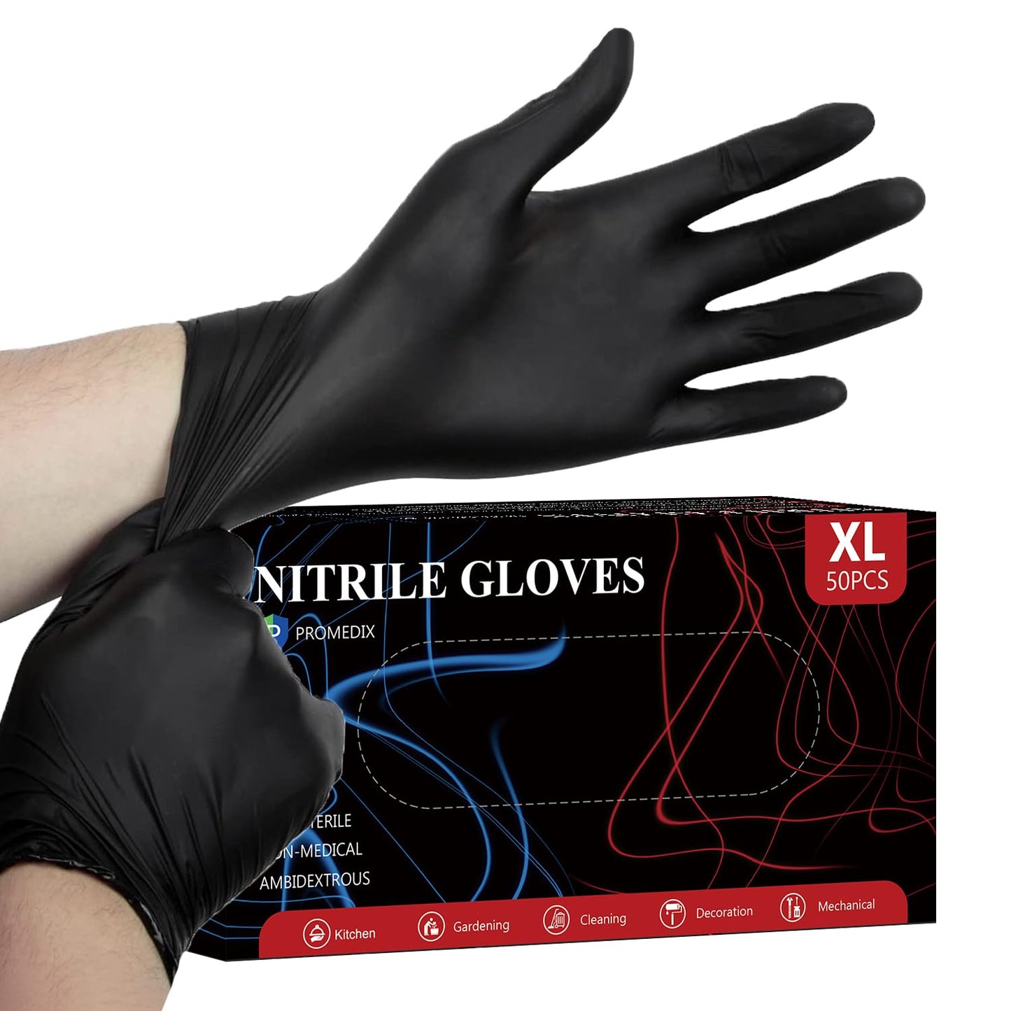 PROMEDIX P Nitrile Gloves, 4mil Gloves Disposable Latex Free, Disposable Gloves for Household, Food safe (Black Box of 50, Medium)