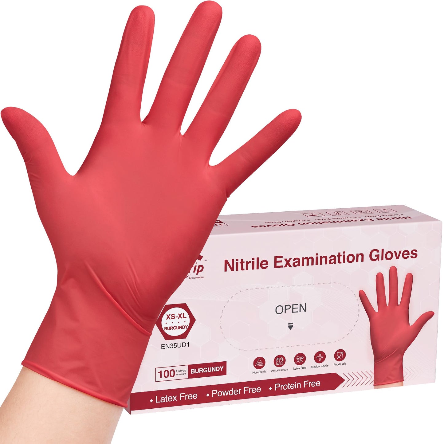 SwiftGrip Disposable Nitrile Exam Gloves, Large, Box of 100, Burgundy, Latex-Free, Powder-Free, 3mil, Medical Grade, Food Safe, Non Sterile