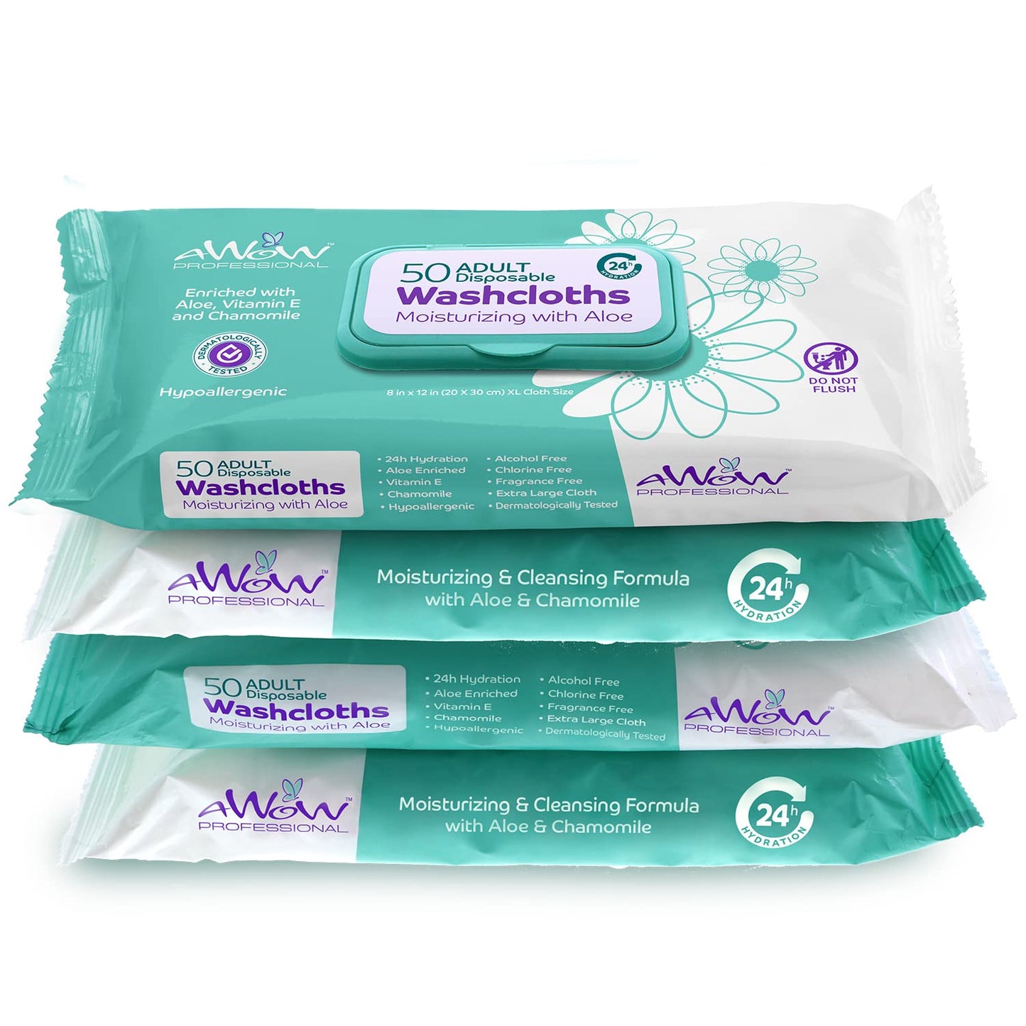 AWOW Wipes for Adults - Natural 200 Large Body Wipes for Adults Bathing, Adult Wipes for Incontinence, Unscented Bath Wipes for Adults No Rinse, 50 Count (Pack of 4)