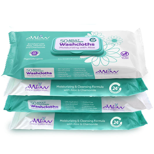 AWOW Wipes for Adults - Natural 200 Large Body Wipes for Adults Bathing, Adult Wipes for Incontinence, Unscented Bath Wipes for Adults No Rinse, 50 Count (Pack of 4)